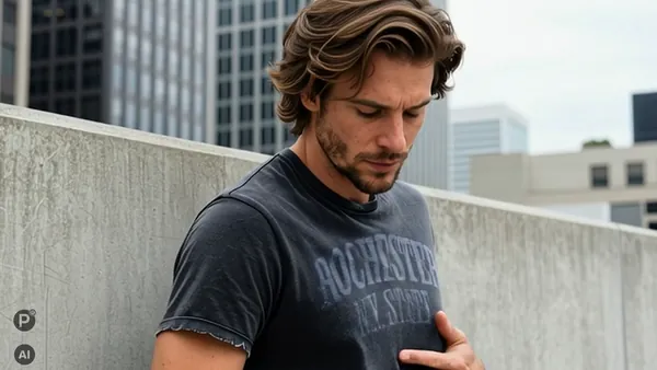 Lo stesso modello di tre quarti con lo sguardo abbassato, stessa t-shirt e stessa luce