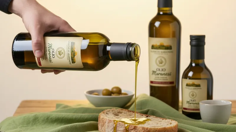 Olio extravergine versato su una fetta di pane accanto a bottiglie e olive, scena generata con AI